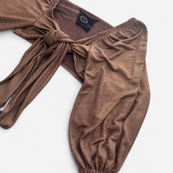 Blue Life x Revolve Bronze Metallic Fairycore Peasant Tie-Front Top – Boho M - Picture 5 of 5